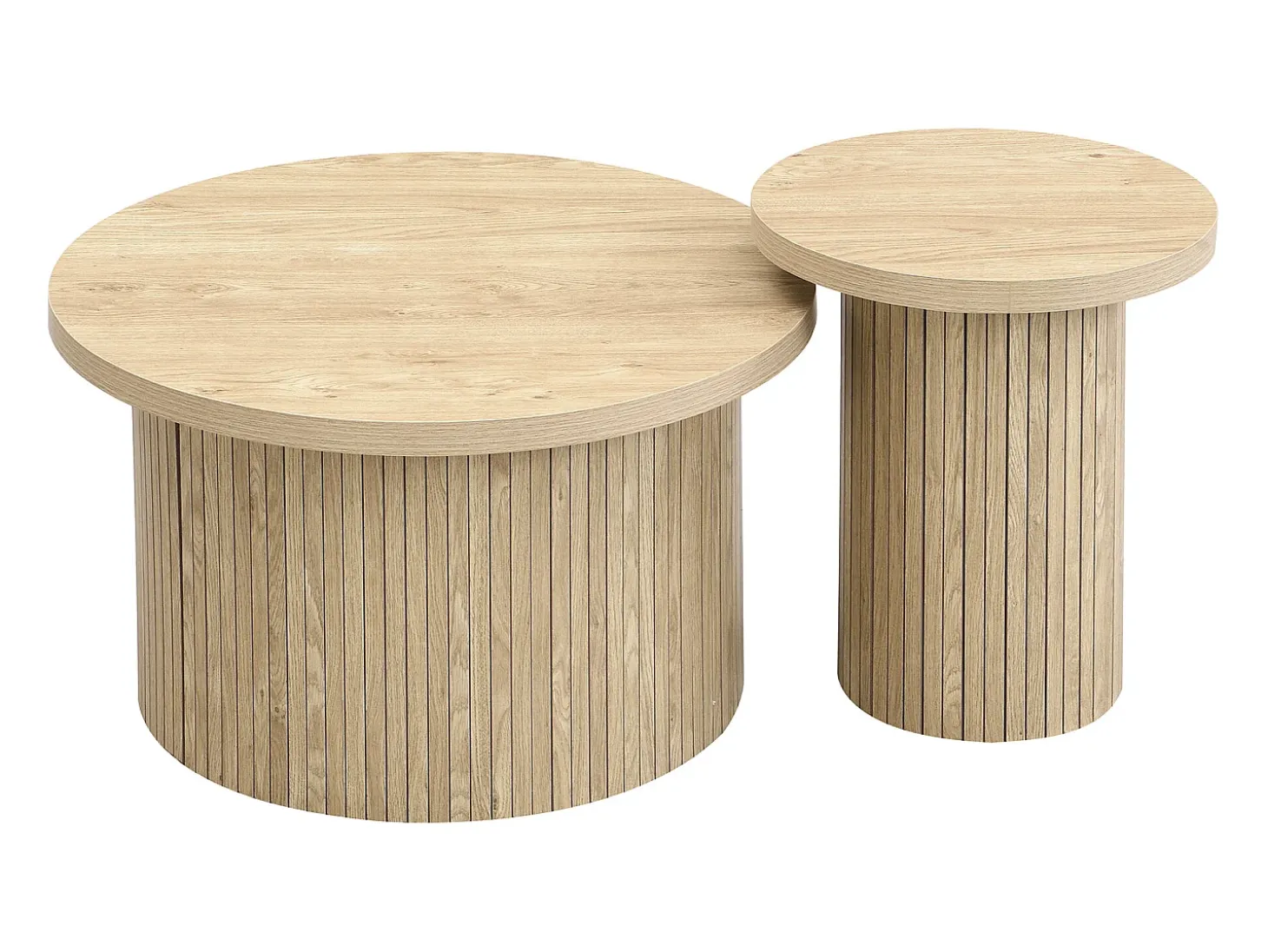 Juego de 2 mesas de centro nido redondas 66x66x40/40x40x46cm, MDF, superficie chapada en madera natural clara