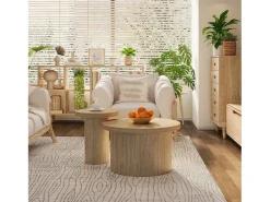 Juego de 2 mesas de centro nido redondas 66x66x40/40x40x46cm, MDF, superficie chapada en madera natural clara