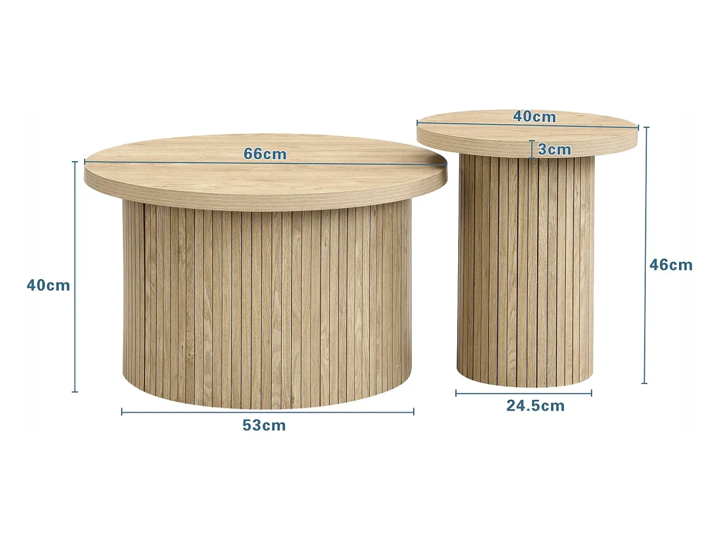 Juego de 2 mesas de centro nido redondas 66x66x40/40x40x46cm, MDF, superficie chapada en madera natural clara