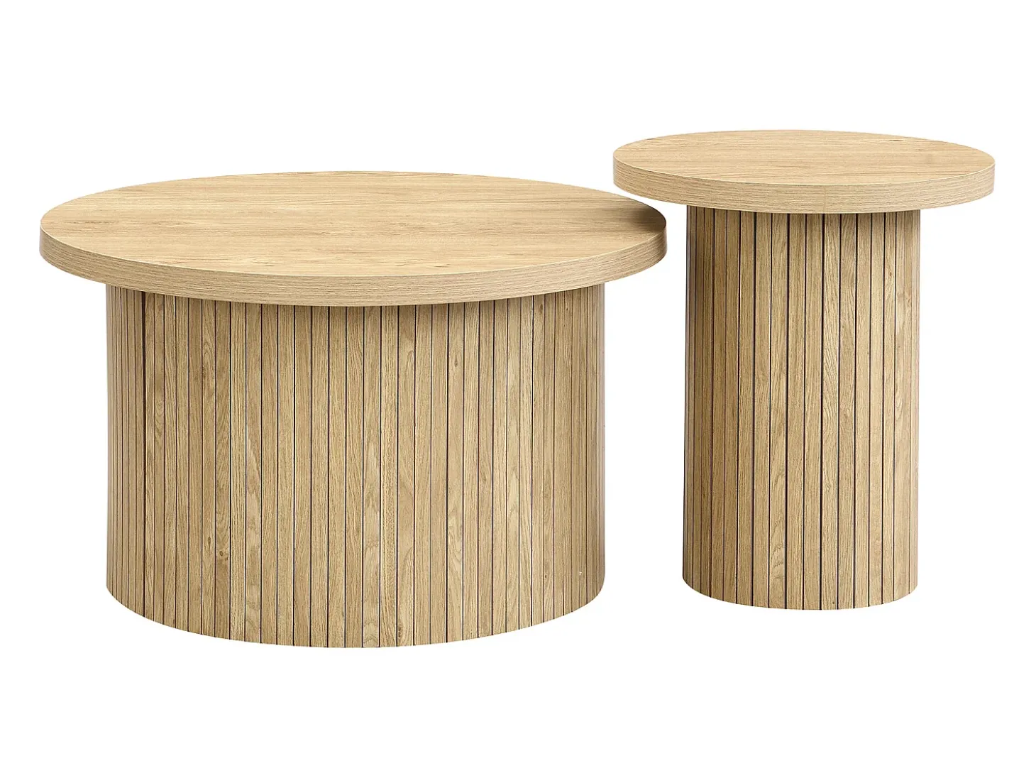 Juego de 2 mesas de centro nido redondas 66x66x40/40x40x46cm, MDF, superficie chapada en madera natural clara