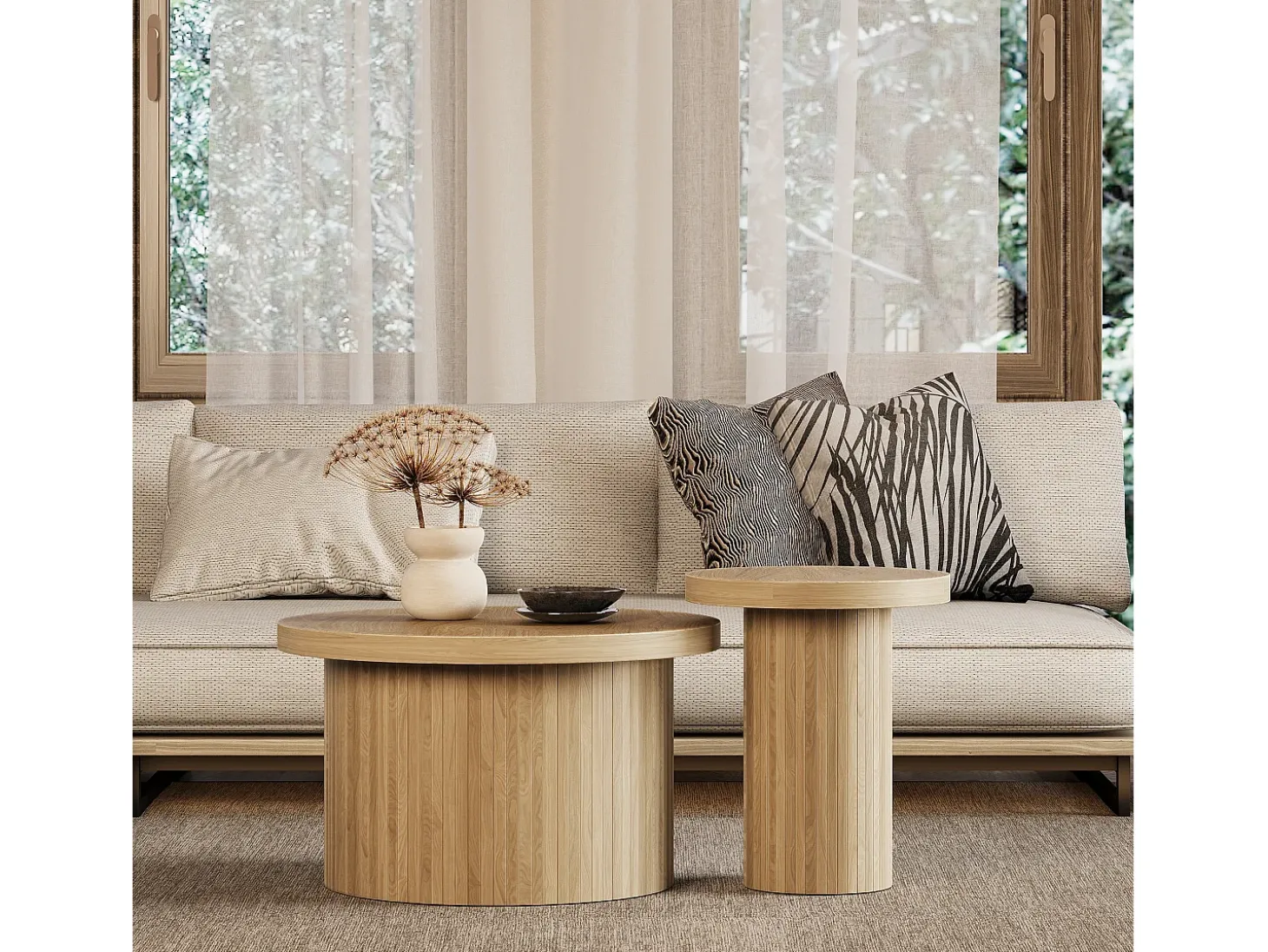 Juego de 2 mesas de centro nido redondas 66x66x40/40x40x46cm, MDF, superficie chapada en madera natural clara