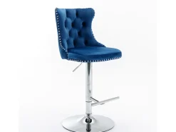 Juego de 2 taburetes de bar giratorios en terciopelo - Altura regulable de 63,5 a 84 cm - Azul y plata