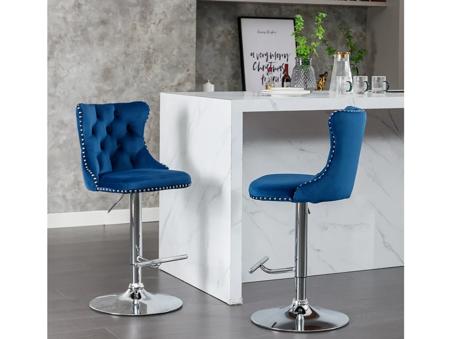Juego de 2 taburetes de bar giratorios en terciopelo - Altura regulable de 63,5 a 84 cm - Azul y plata