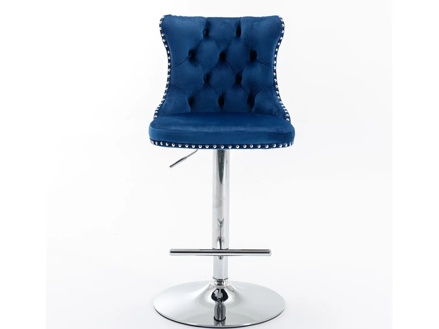 Juego de 2 taburetes de bar giratorios en terciopelo - Altura regulable de 63,5 a 84 cm - Azul y plata