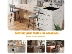 Juego de 4 taburetes de bar, silla alta de cocina con reposapiés y respaldo, para comedor y cocina, piel sintética, color gris
