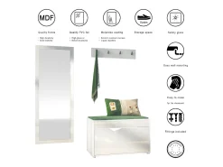 Juego de Guardarropa Hanko: Incluye 1 Banco para Zapatos, 1 Perchero y 1 Espejo de Pared, blanco mate/burdeos de alto brillo
