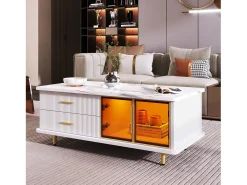 Juego de mesa + muebles de TV con LED 4 cajones y 1 nichos, bandeja de mesa con estructura de mármol