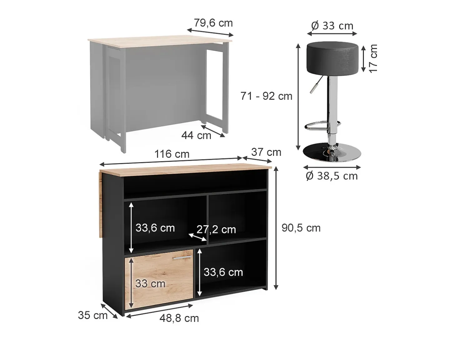 Juego de mesa de bar oro power roble/antracita 116x37x90.5 dominic