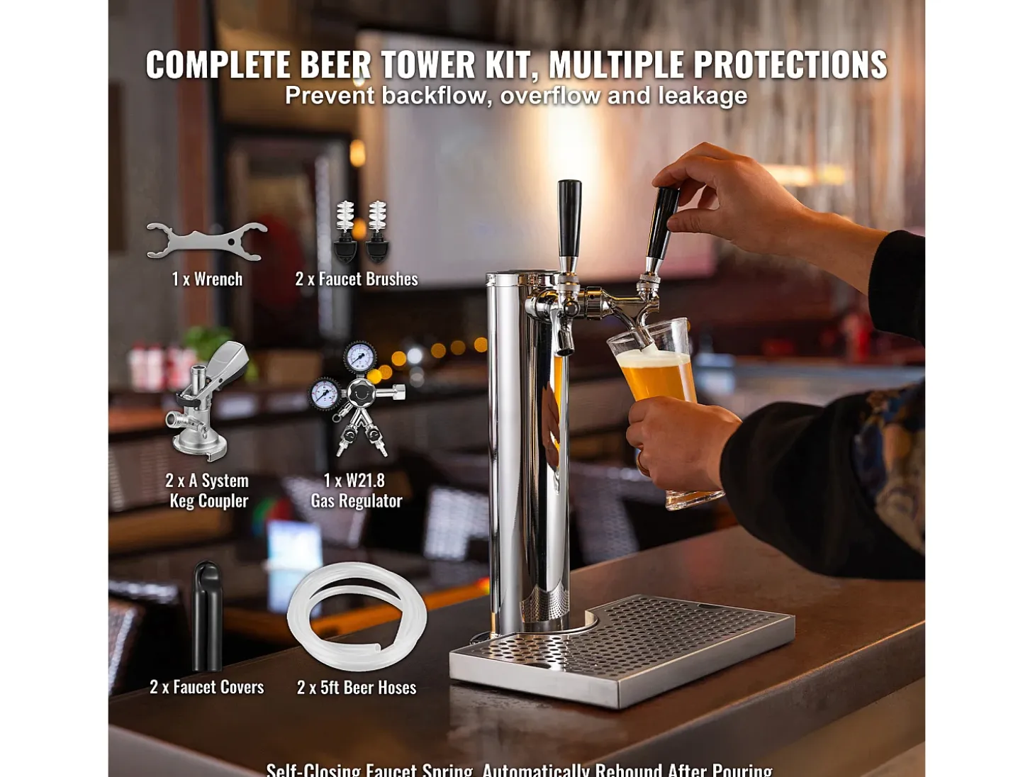 Kit de Columna de Cerveza SucceBuy, Kit de Columna de Cerveza con Doble Grifo, Distribuidor de Cerveza y Bebidas de Acero Inoxidable, para Bar Restaurante