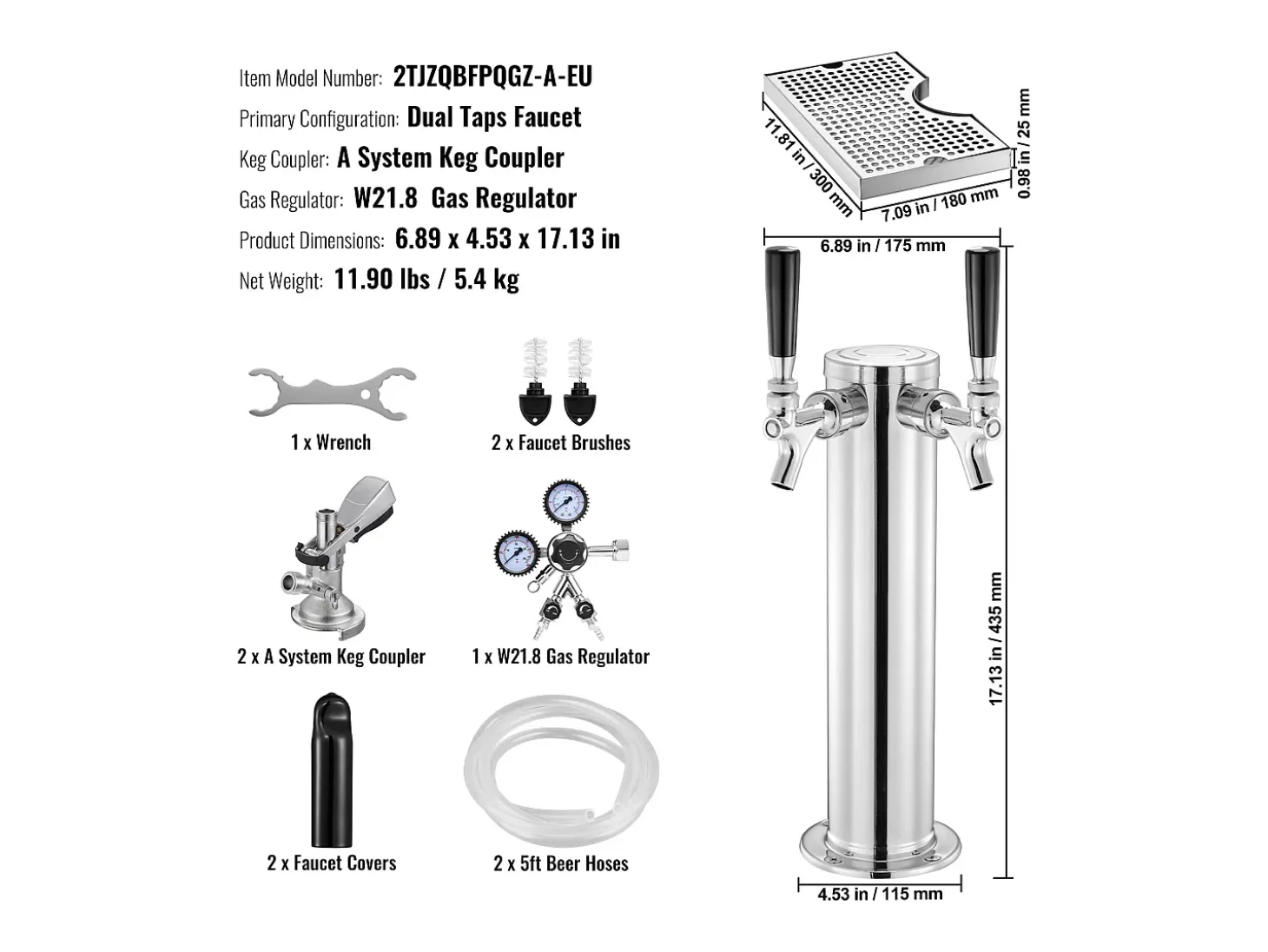 Kit de Columna de Cerveza SucceBuy, Kit de Columna de Cerveza con Doble Grifo, Distribuidor de Cerveza y Bebidas de Acero Inoxidable, para Bar Restaurante