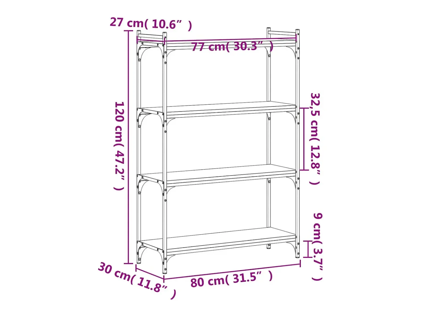 Librería 4 estantes madera ingeniería gris Sonoma 80x30x120 cm