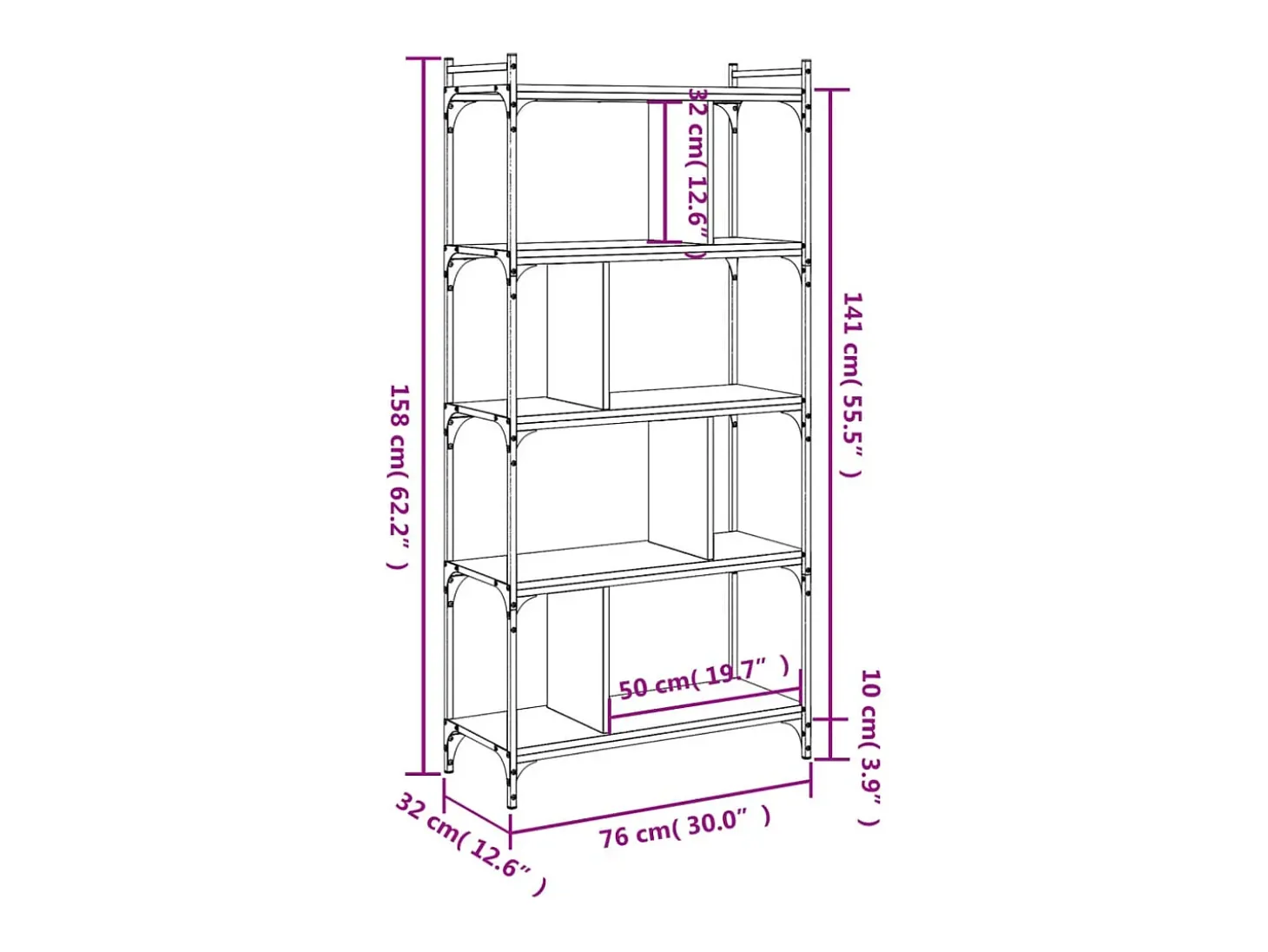 Librería 5 estantes madera ingeniería gris Sonoma 76x32x158 cm