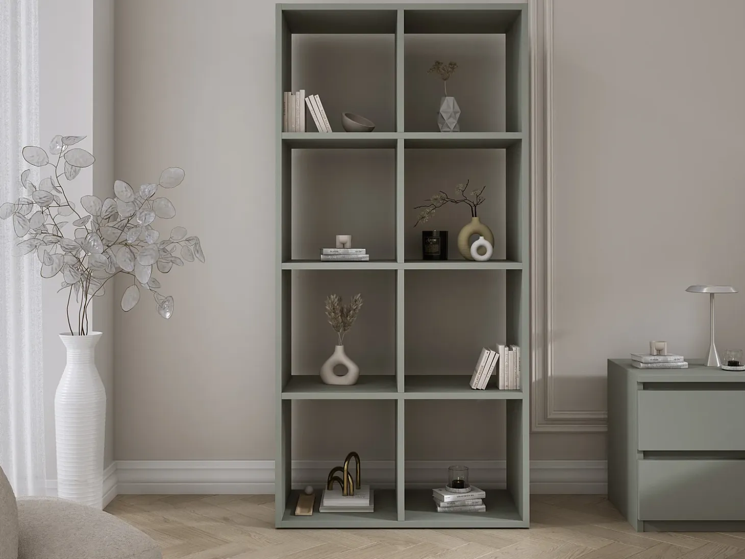 Librería con 8 compartimentos – color: aloe verde – 147 × 74 × 30 cm, vertical u horizontal