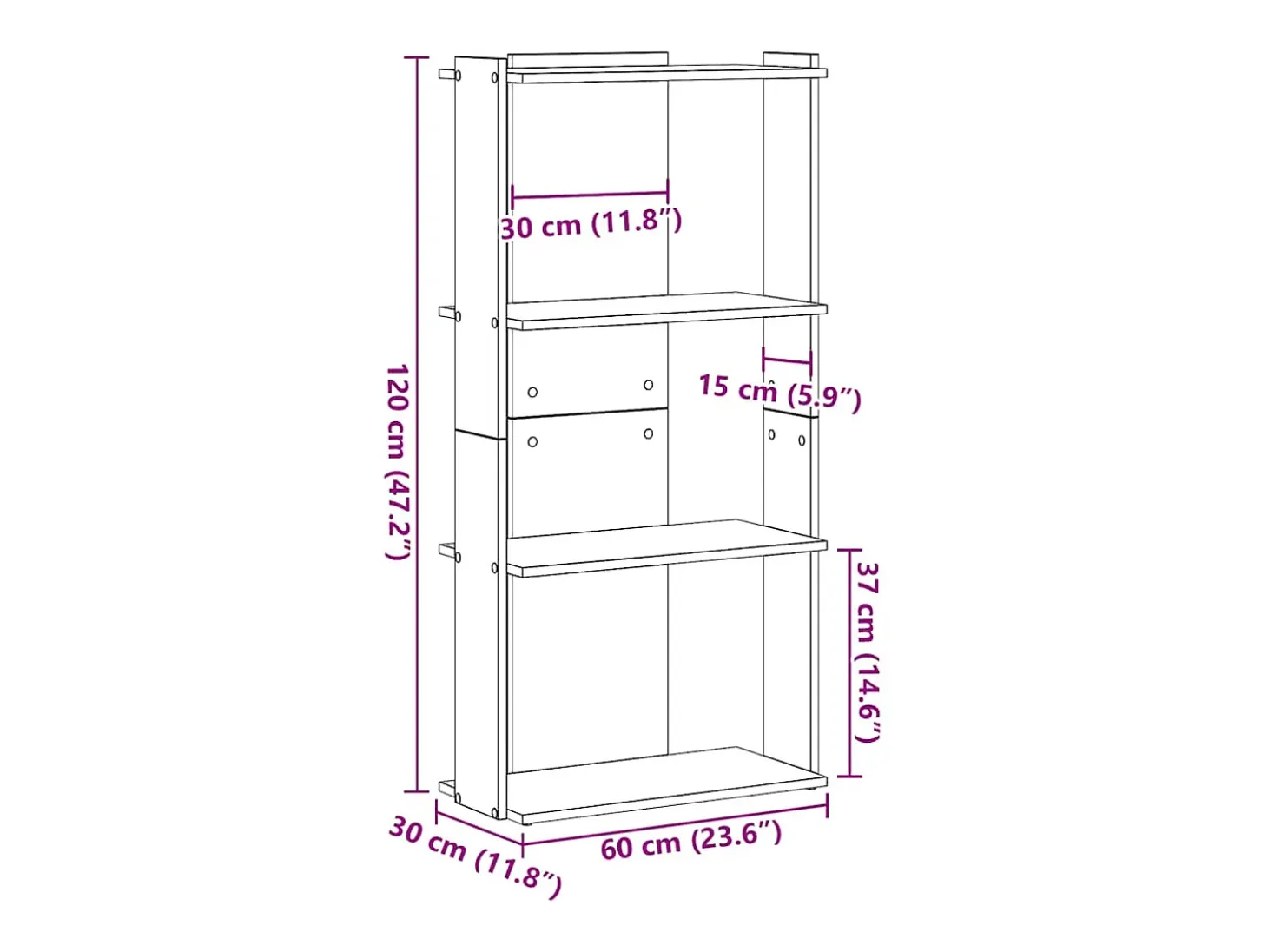 Librería de 3 estantes madera de ingeniería negro 60x30x120 cm