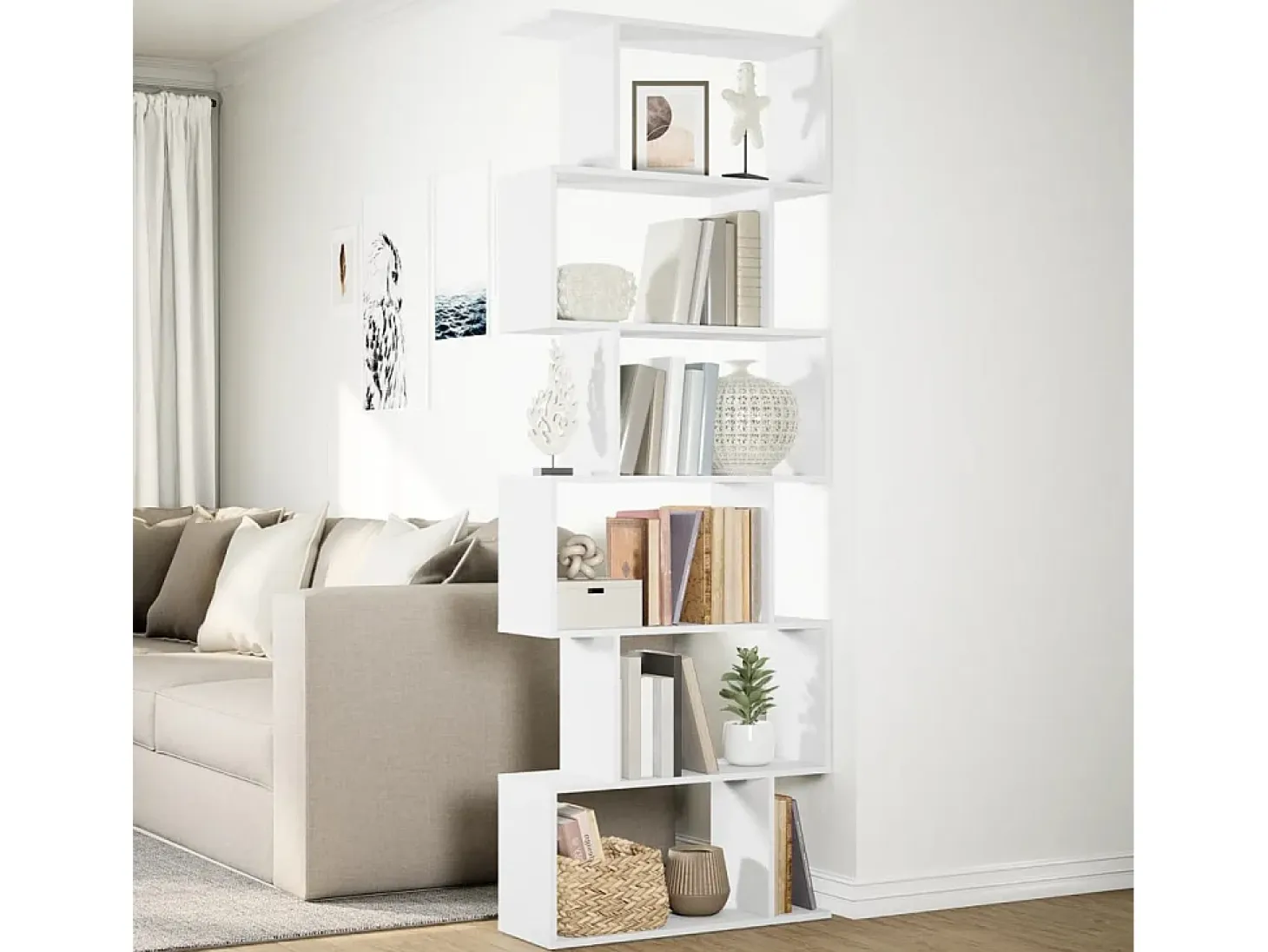 Librería divisor 6 niveles madera ingeniería blanco 70x24x193cm
