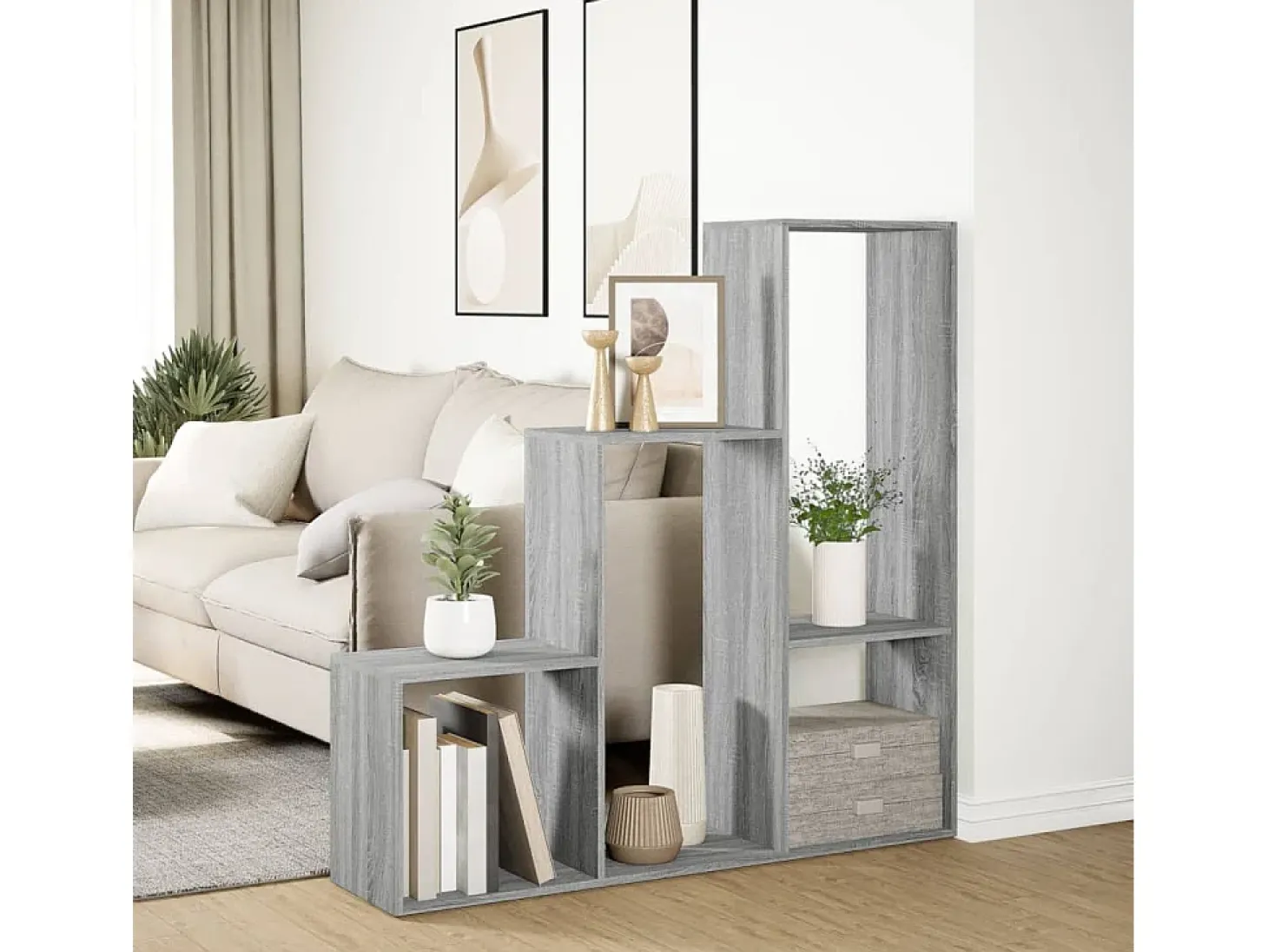 Librería divisora 3 niveles madera gris Sonoma 123x29x123 cm