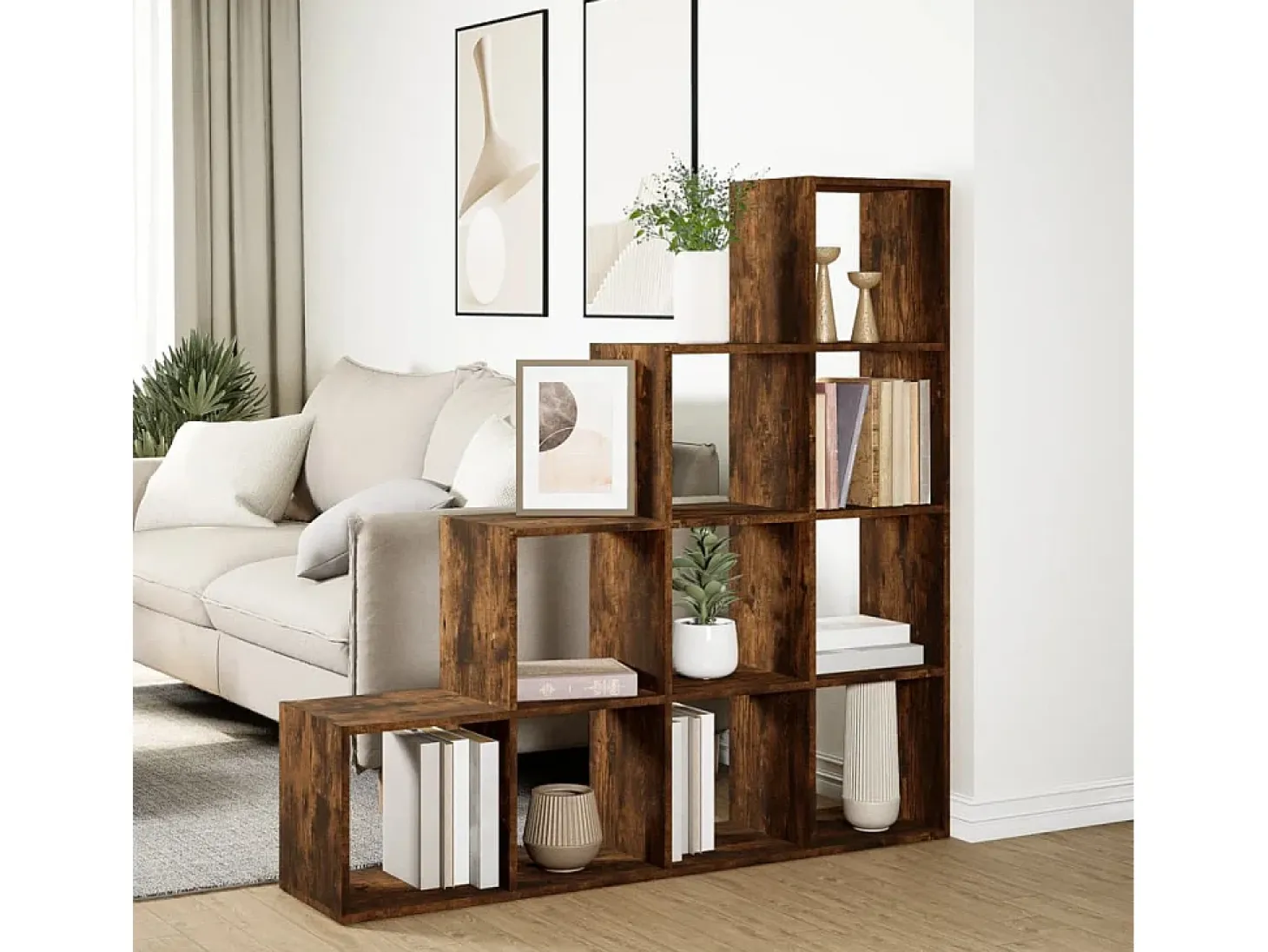 Librería divisora 4 niveles roble ahumado 131,5x29x131,5 cm