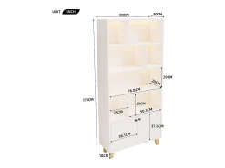 Librería moderna - 80 x 30 x 173 cm - con múltiples espacios de almacenamiento + 2 puertas + LED - Madera maciza + MDF - blanco
