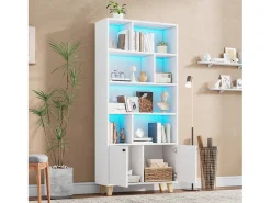 Librería moderna - 80 x 30 x 173 cm - con múltiples espacios de almacenamiento + 2 puertas + LED - Madera maciza + MDF - blanco