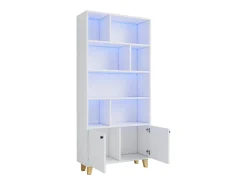Librería moderna - 80 x 30 x 173 cm - con múltiples espacios de almacenamiento + 2 puertas + LED - Madera maciza + MDF - blanco