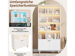 Librería moderna - 80 x 30 x 173 cm - con múltiples espacios de almacenamiento + 2 puertas + LED - Madera maciza + MDF - blanco