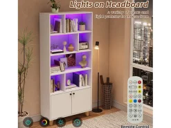 Librería moderna - 80 x 30 x 173 cm - con múltiples espacios de almacenamiento + 2 puertas + LED - Madera maciza + MDF - blanco