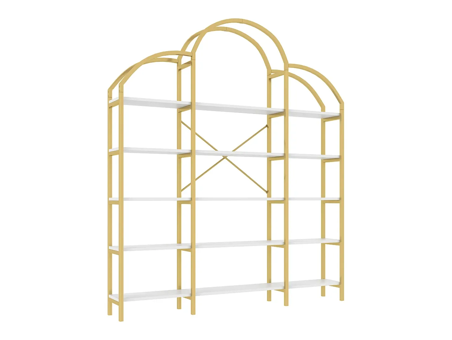 Librería moderna de metal 170×26×190 cm - forma de nube - 5 niveles de almacenamiento - dorado + blanco