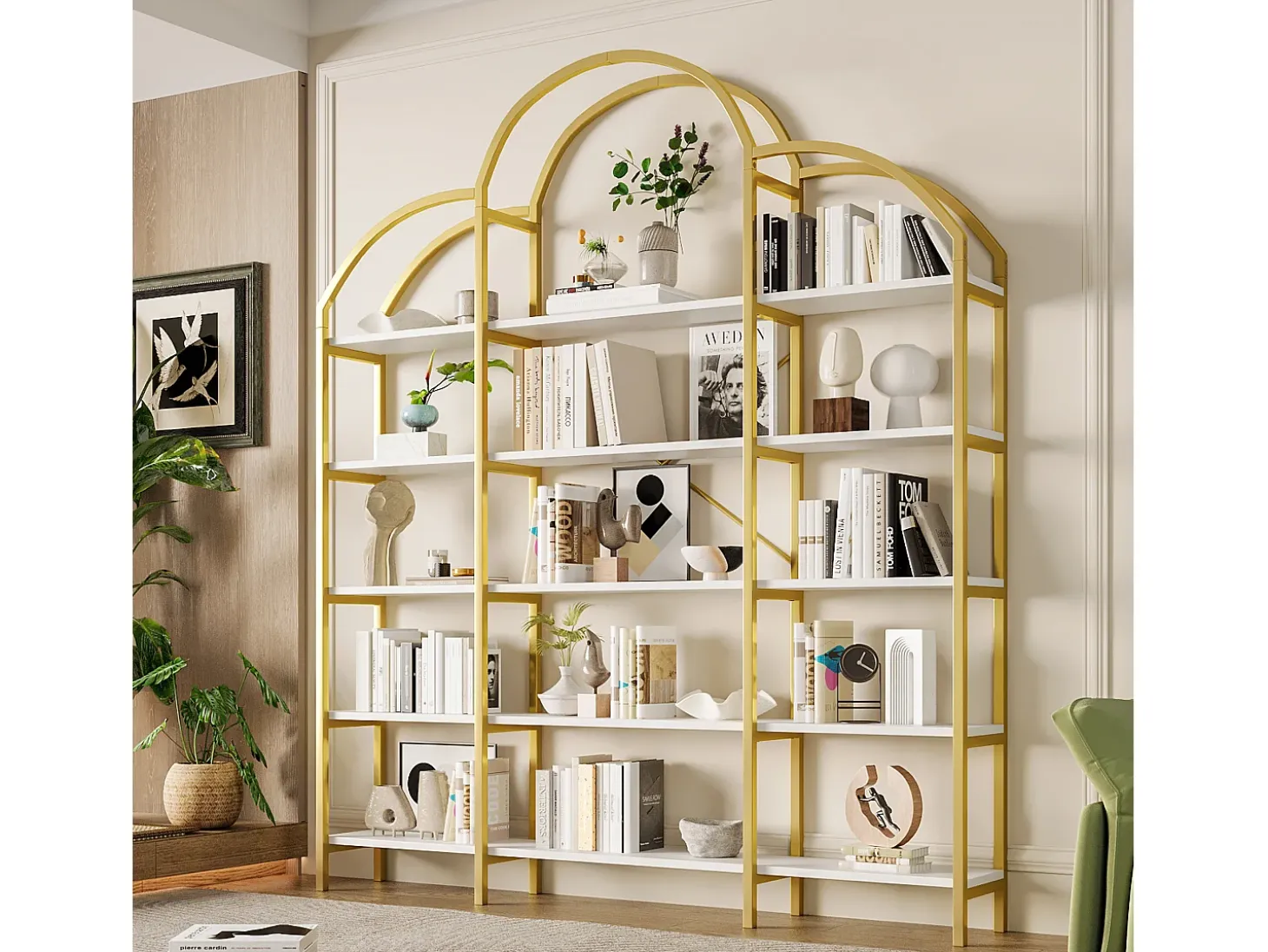 Librería moderna de metal 170×26×190 cm - forma de nube - 5 niveles de almacenamiento - dorado + blanco