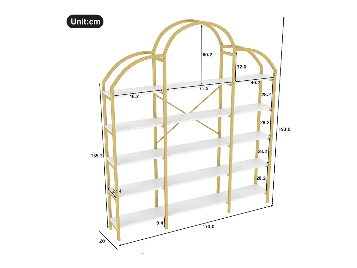Librería moderna de metal 170×26×190 cm - forma de nube - 5 niveles de almacenamiento - dorado + blanco