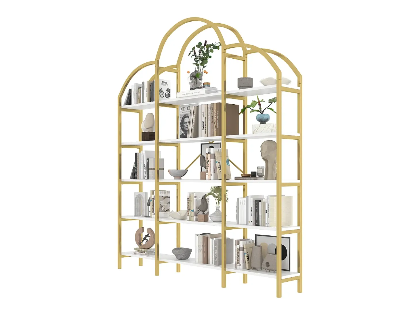 Librería moderna de metal 170×26×190 cm - forma de nube - 5 niveles de almacenamiento - dorado + blanco