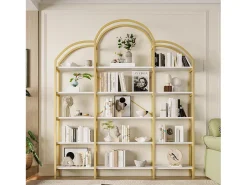 Librería moderna de metal 170×26×190 cm - forma de nube - 5 niveles de almacenamiento - dorado + blanco