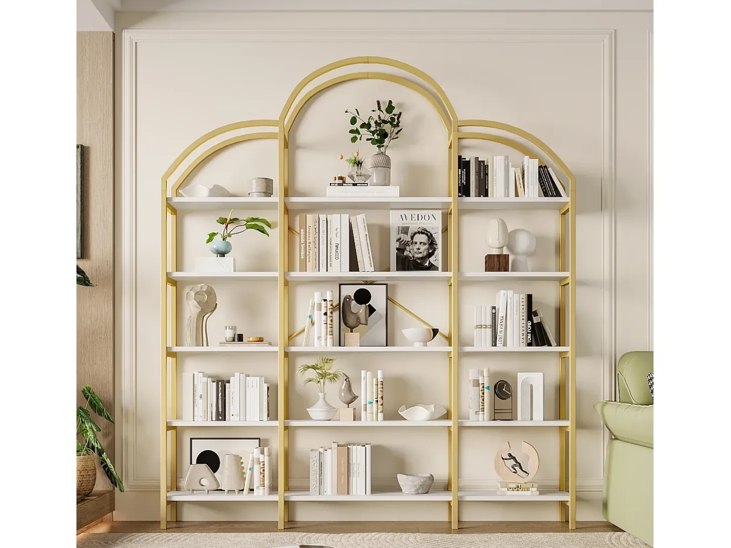 Librería moderna de metal 170×26×190 cm - forma de nube - 5 niveles de almacenamiento - dorado + blanco