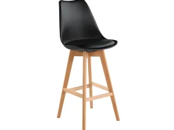 Lote de 2 sillas de bar escandinavas de 70 cm, asiento amplio con respaldo alto, cojín de cuero sintético, patas de madera TIKA (negro)