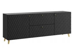 Lowboard moderno de 180 cm negro con frentes en rombos, tiradores dorados y patas doradas