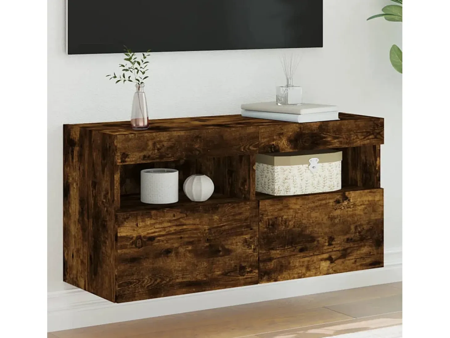 Ølstykke Mueble de TV de pared con luces LED roble ahumado 80x30x40 cm