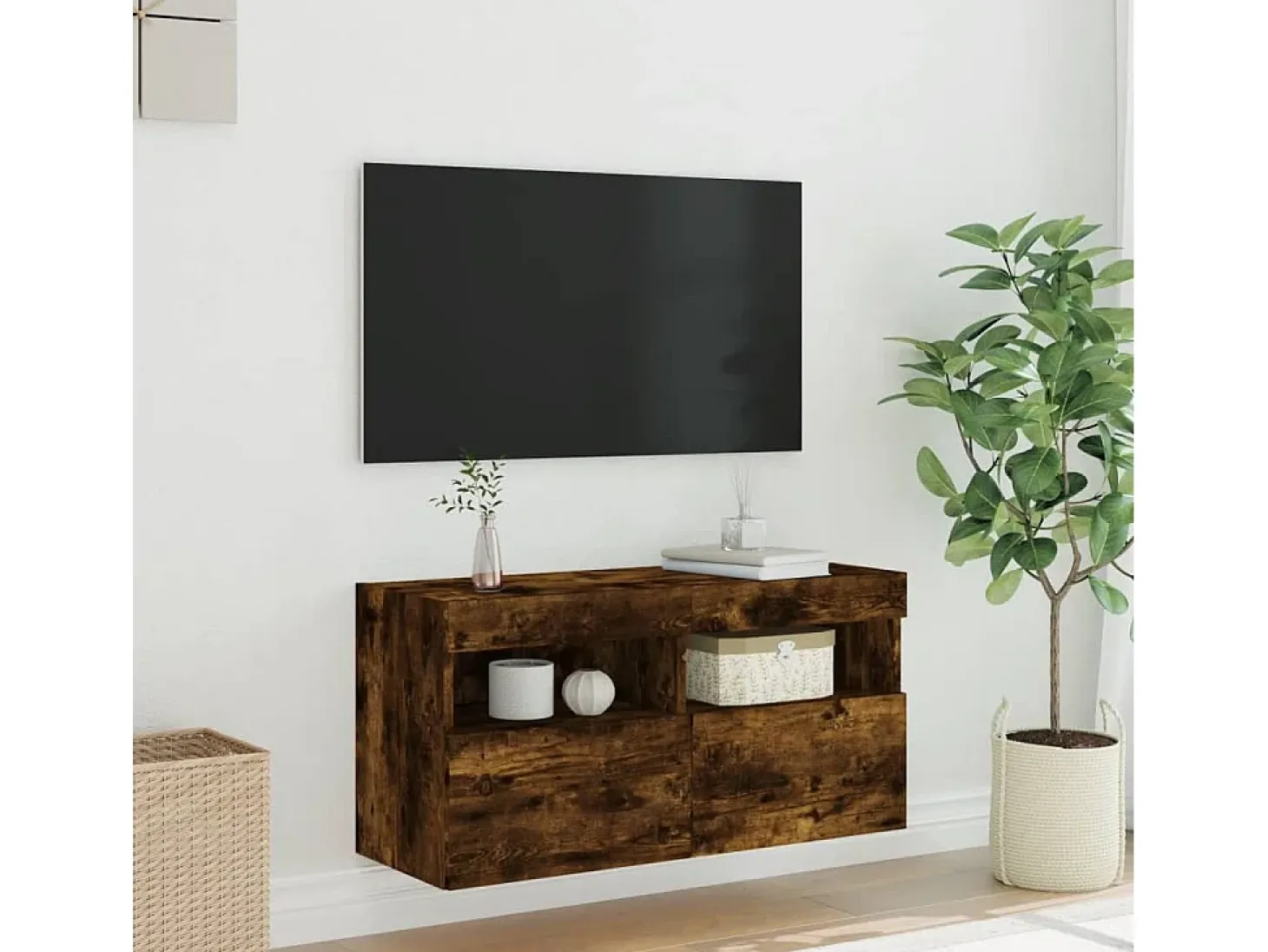 Ølstykke Mueble de TV de pared con luces LED roble ahumado 80x30x40 cm