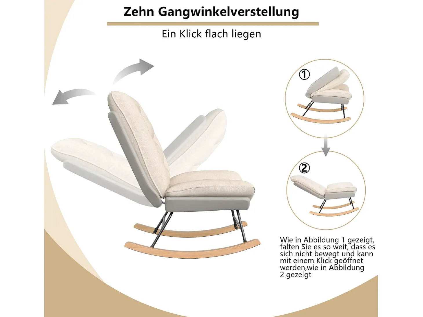 Mecedora - Patas de madera - Respaldo ajustable en 12 posiciones - Tejido técnico - Para salón y dormitorio - Beige