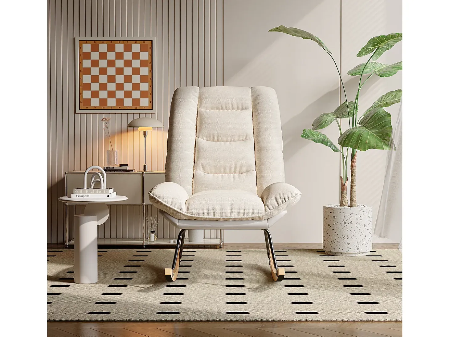 Mecedora - Patas de madera - Respaldo ajustable en 12 posiciones - Tejido técnico - Para salón y dormitorio - Beige