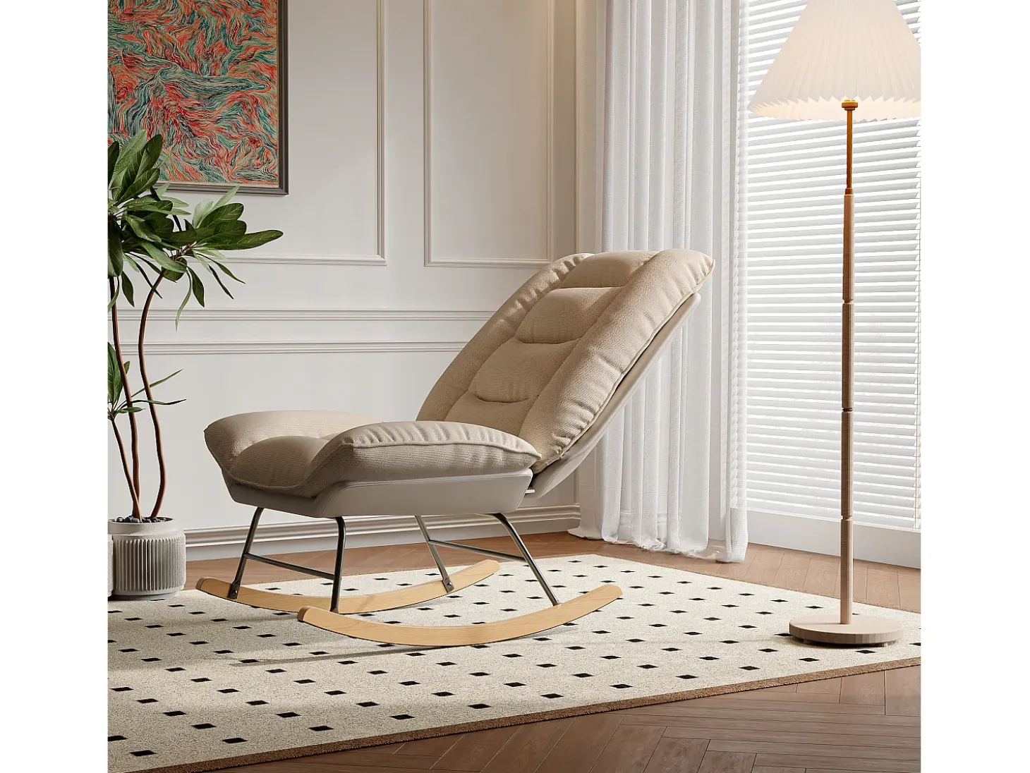 Mecedora - Patas de madera - Respaldo ajustable en 12 posiciones - Tejido técnico - Para salón y dormitorio - Beige