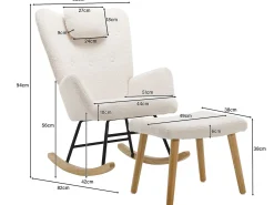 Mecedora - sillón relax para salón - acolchado con felpa Teddy - con reposacabezas y reposapiés - base de madera - blanco