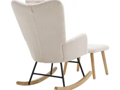 Mecedora - sillón relax para salón - acolchado con felpa Teddy - con reposacabezas y reposapiés - base de madera - blanco