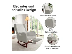 Mecedora, Algodón y lino - con reposabrazos de bolsillo - Patas de madera maciza - con patas telescópicas - gris