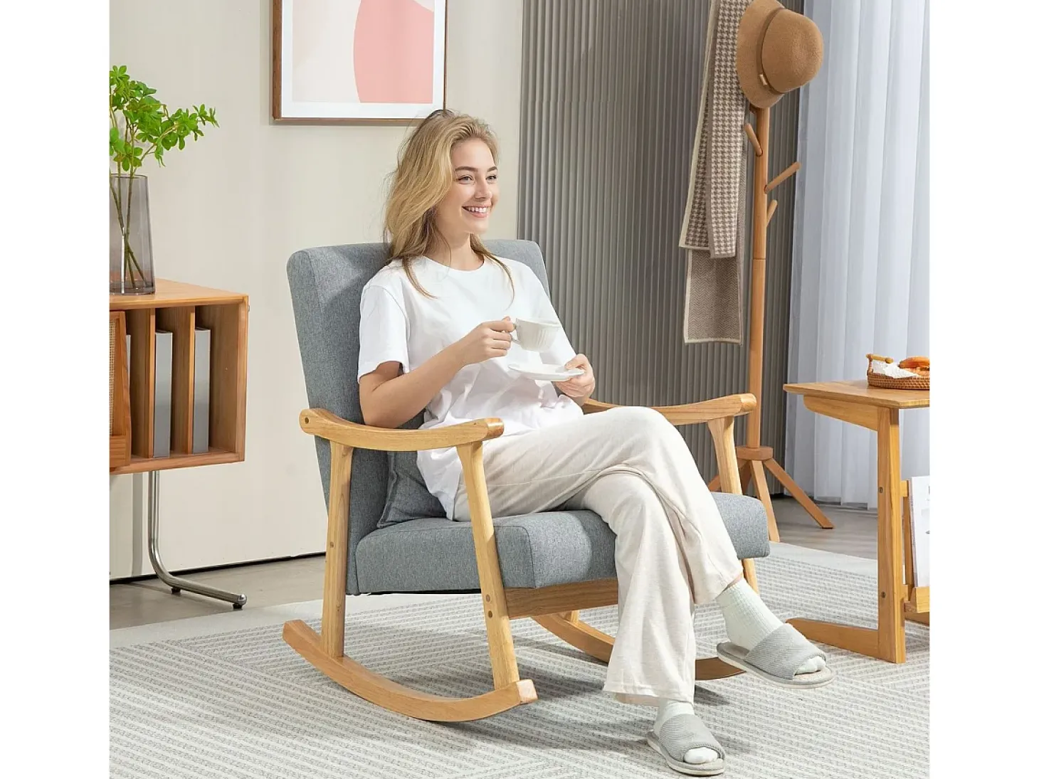 Mecedora Berta Homcom reposabrazos + cojín lumbar gris 84x65x87 cm