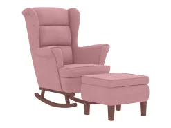 Mecedora con patas de madera y taburete Terciopelo Rosa
