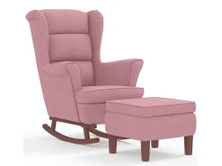 Mecedora con patas de madera y taburete Terciopelo Rosa