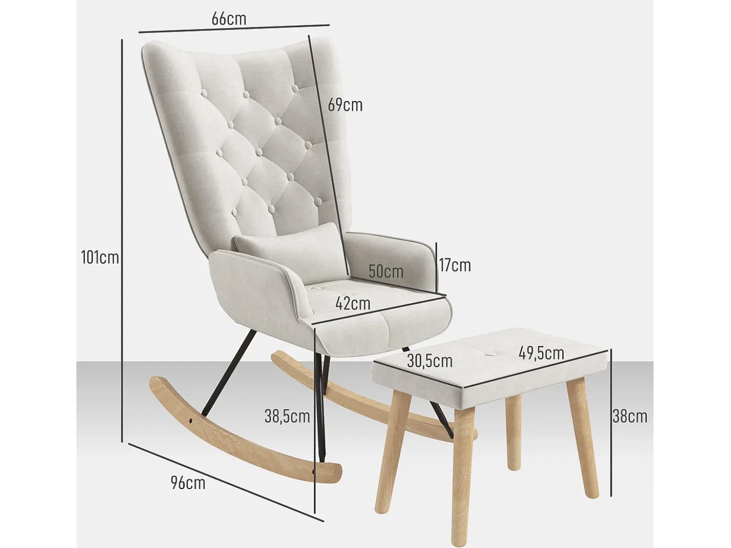 Mecedora con puf, sillón relax con cojín, efecto terciopelo, sillón esquinero con patas de madera, para dormitorio y salón, color crema (66x96x101 cm)