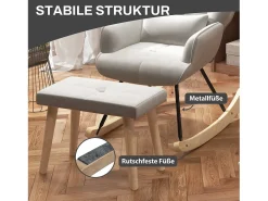 Mecedora con puf, sillón relax con cojín, efecto terciopelo, sillón esquinero con patas de madera, para dormitorio y salón, color crema (66x96x101 cm)