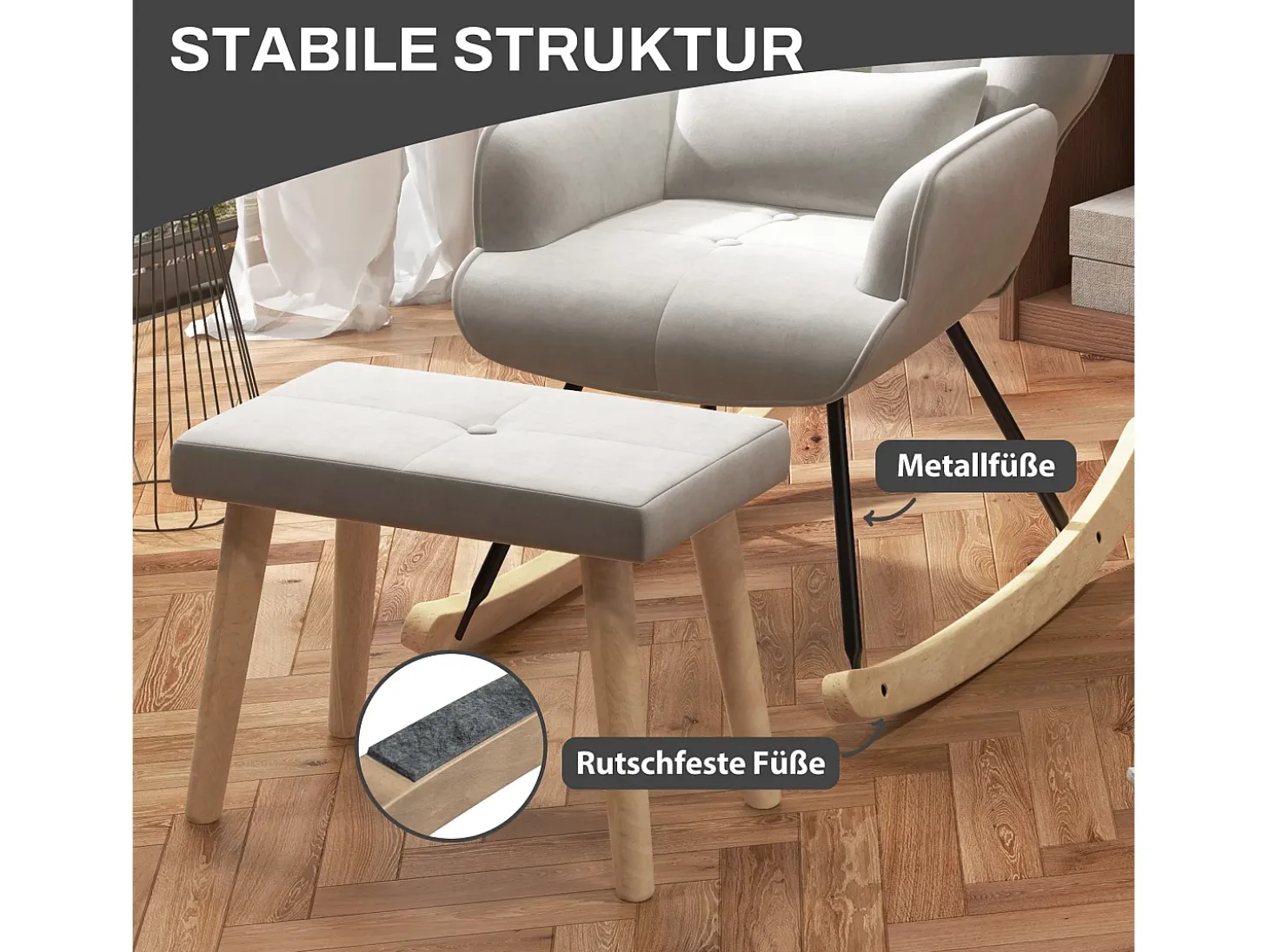 Mecedora con puf, sillón relax con cojín, efecto terciopelo, sillón esquinero con patas de madera, para dormitorio y salón, color crema (66x96x101 cm)