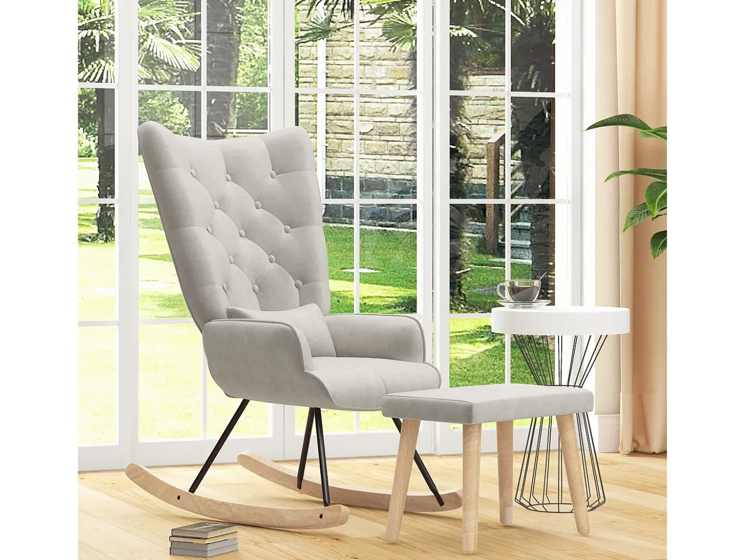 Mecedora con puf, sillón relax con cojín, efecto terciopelo, sillón esquinero con patas de madera, para dormitorio y salón, color crema (66x96x101 cm)
