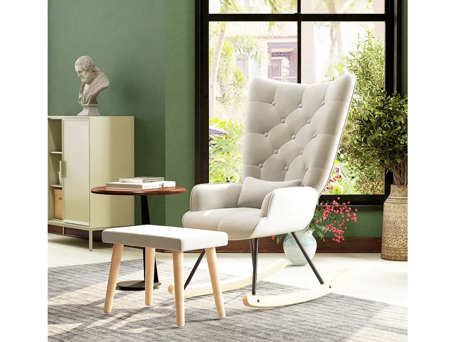 Mecedora con puf, sillón relax con cojín, efecto terciopelo, sillón esquinero con patas de madera, para dormitorio y salón, color crema (66x96x101 cm)